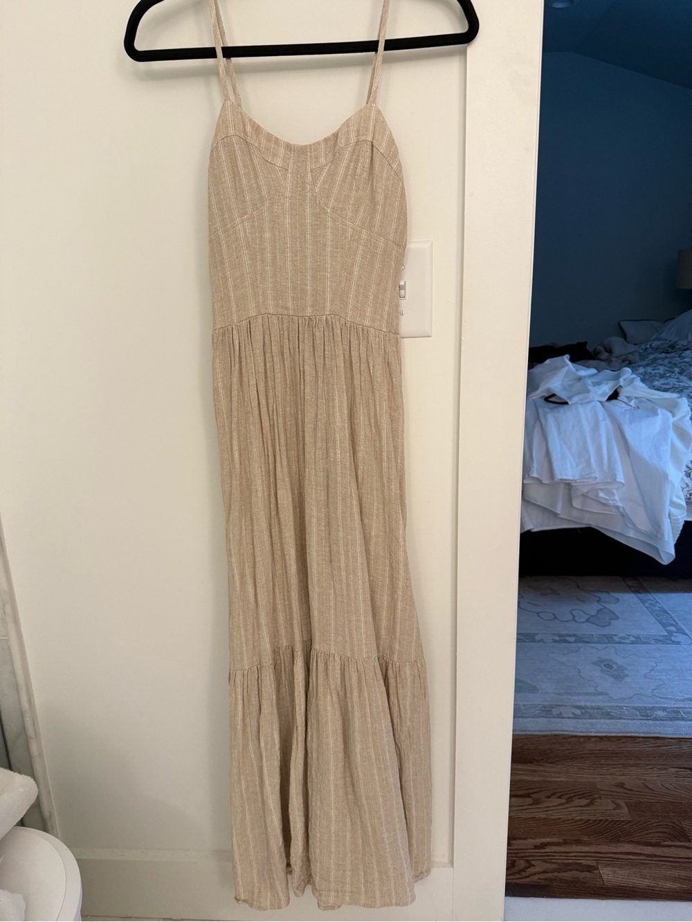 Beige Striped Maxi Dress with Spaghetti Straps